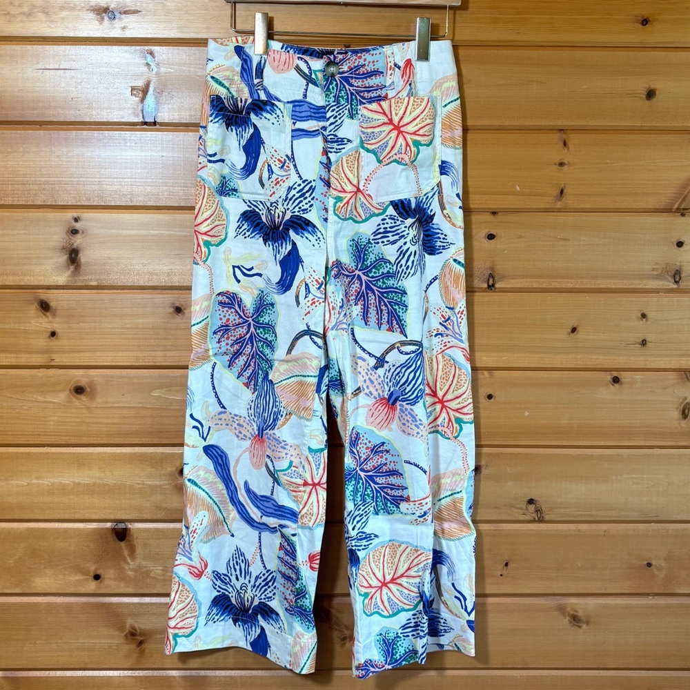 Maeve Colette Tropical Print Wide-Leg Linen Pants 29